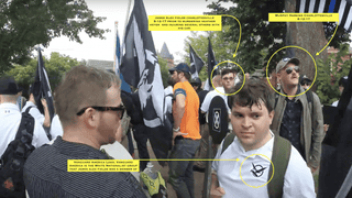 Andrew Alexander Murphy Harkins (background, right) at the Charlottesville, Va., Unite the Right Rally standing next to James Alex Fields (seen to the left of Harkins)